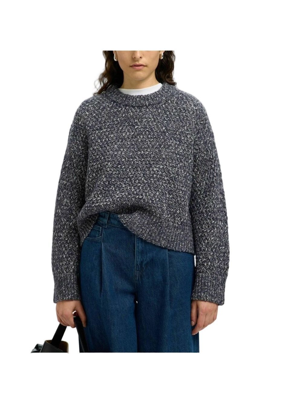 NWT Selected minimalist wool blend blue marl boxy oversized open knit sweater S